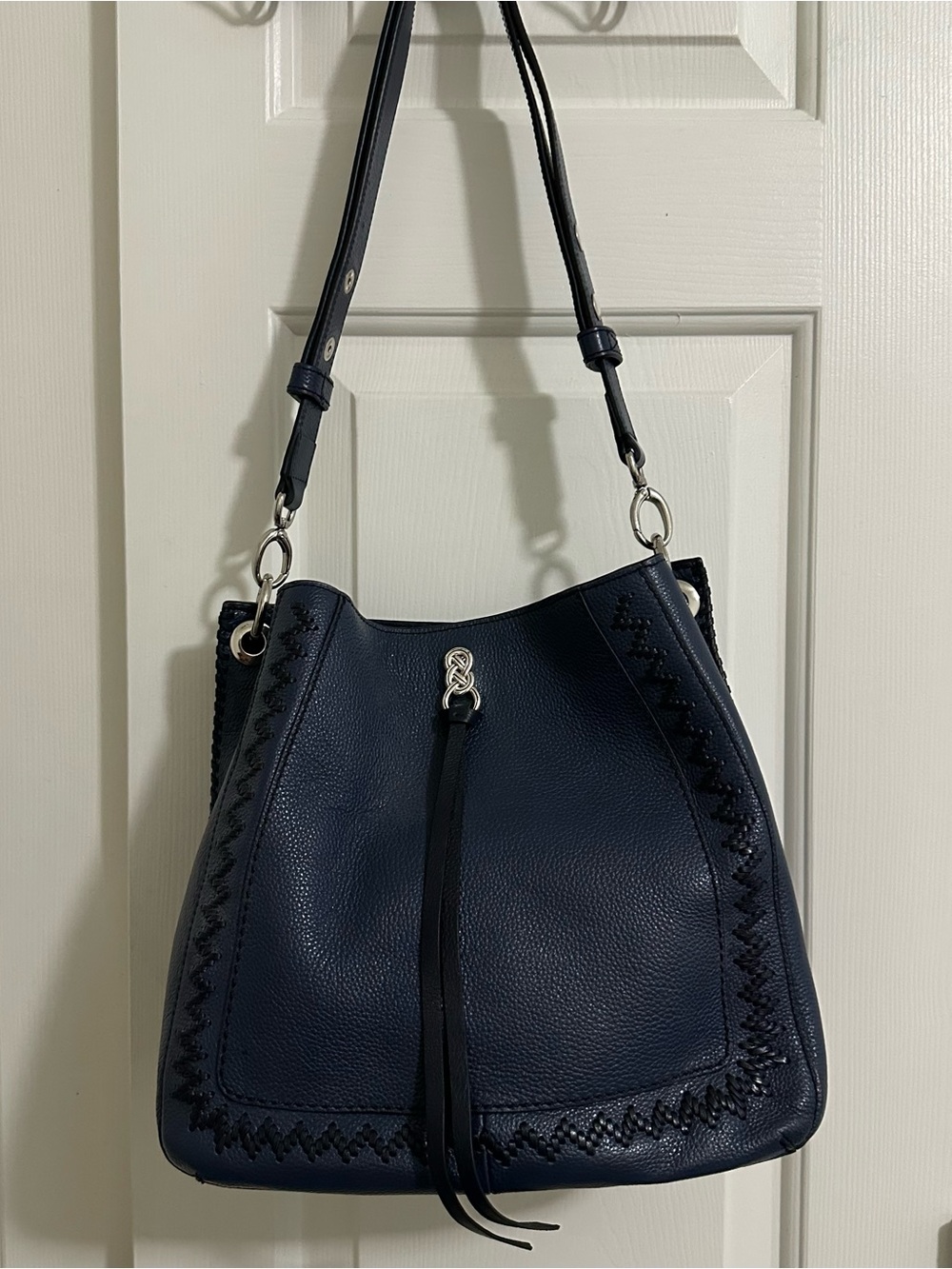 Brighton Georgia Convertible Hobo Navy Pebbled Leather Knot Clasp Heart Charm